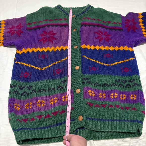 Vintage Handknit Wool Nordic Cardigan Sweater Pirple Green Blue size XLarge - Picture 8 of 9